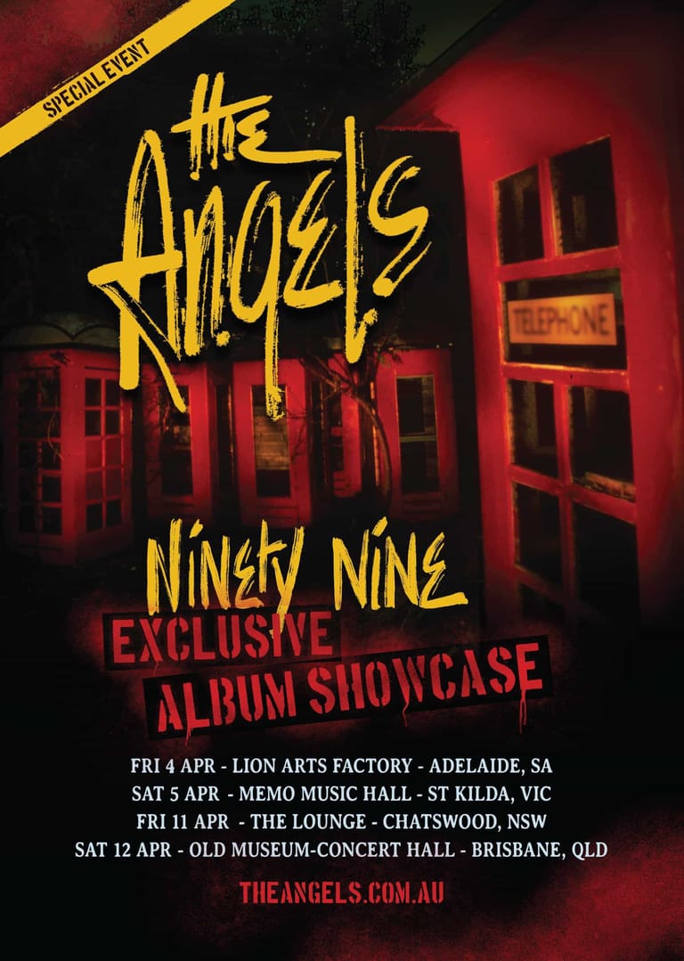 The Angels announce an exclusive album showcase tour with dates across Australian venues in yellow and red promotional artwork.