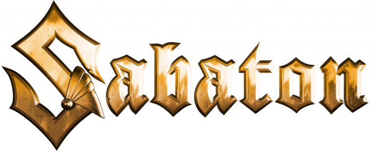 Sabaton logo in gold and bronze metallic lettering with angular, fortress-like design.