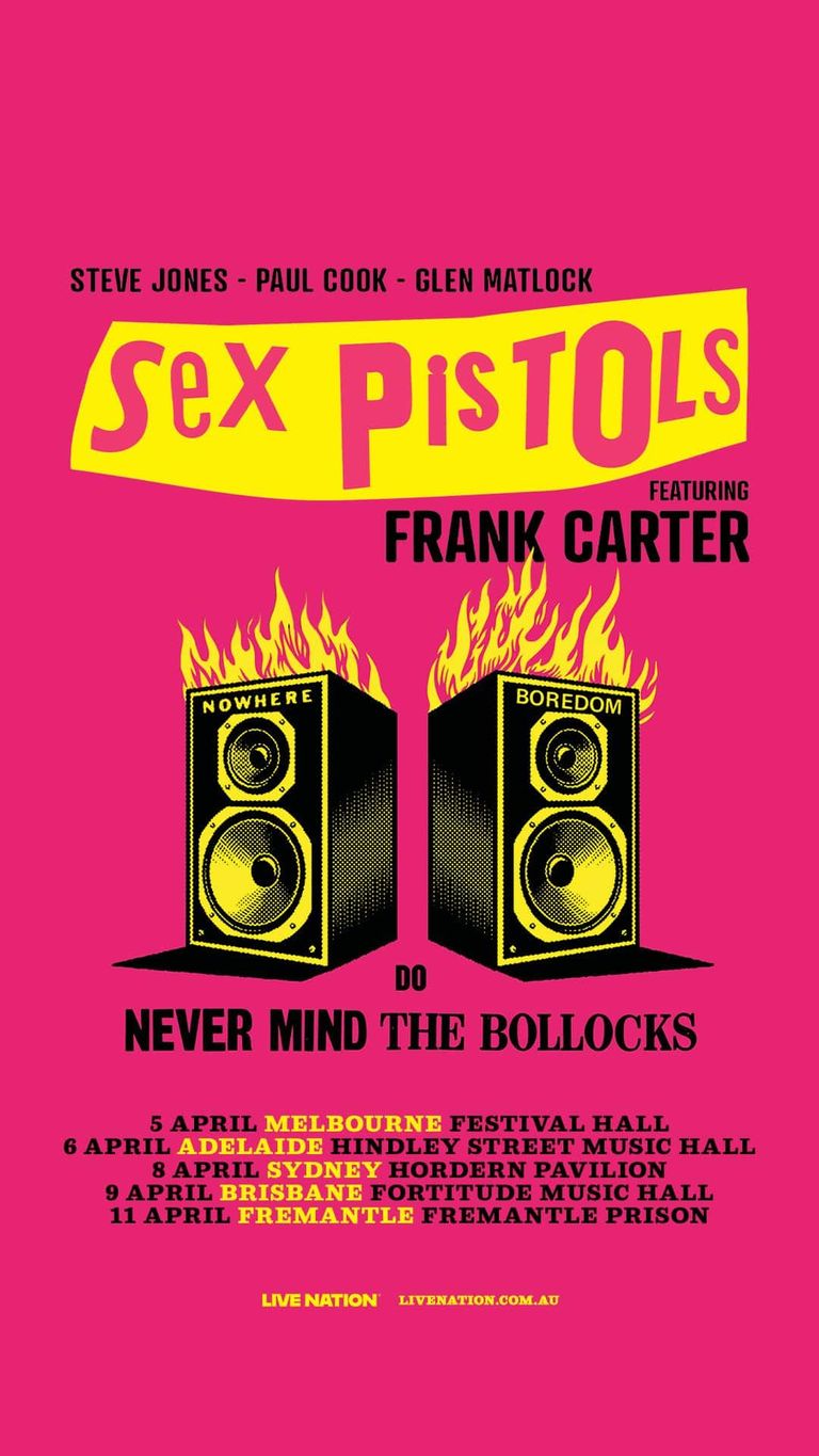Bright pink concert poster for Sex Pistols tour featuring yellow text, flaming speakers, and Australian venue dates.