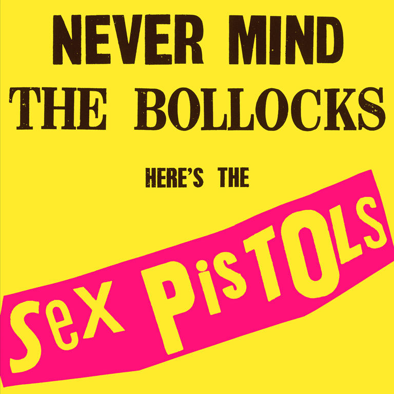 The iconic Sex Pistols album cover featuring bold black and magenta text on bright yellow background.