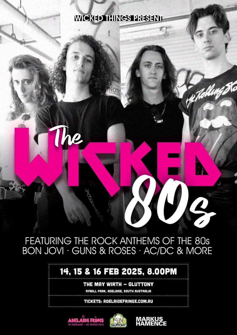 Four band members in black clothing pose against a white brick wall for The Wicked 80s tribute show poster.