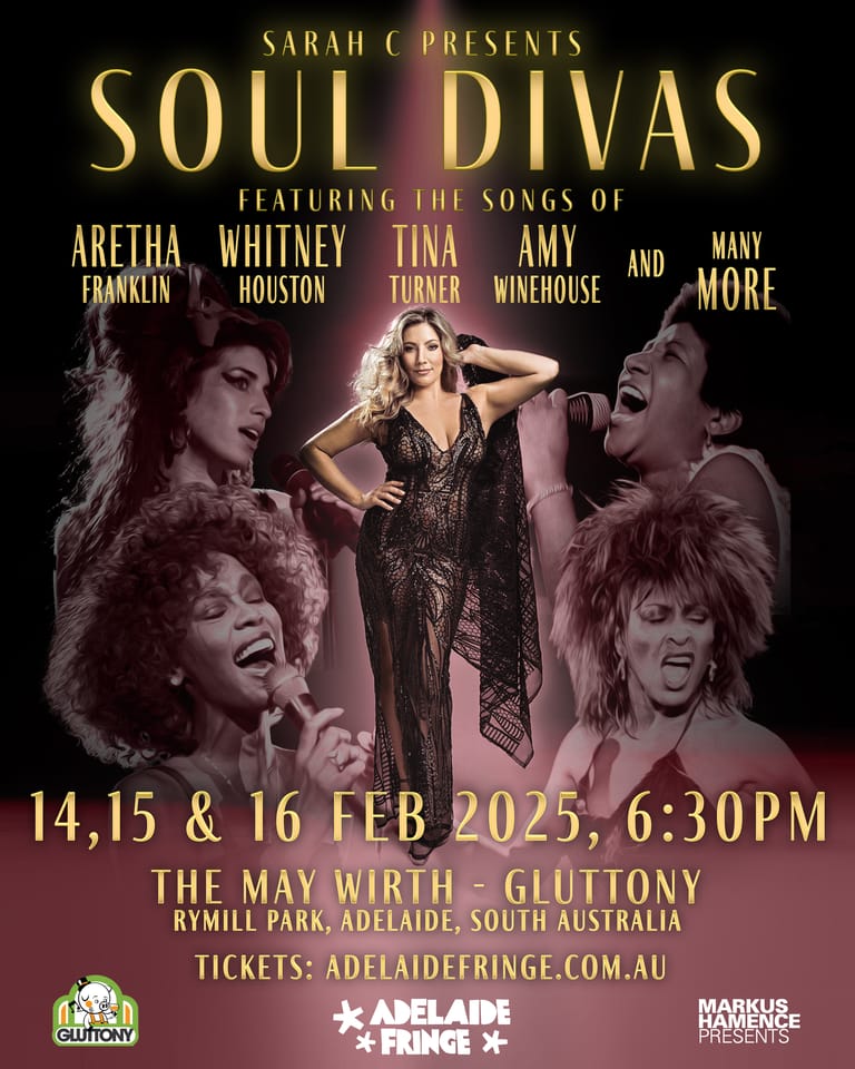 A theatrical poster for Soul Divas tribute show featuring five female performers in glamorous poses against a burgundy and gold background.