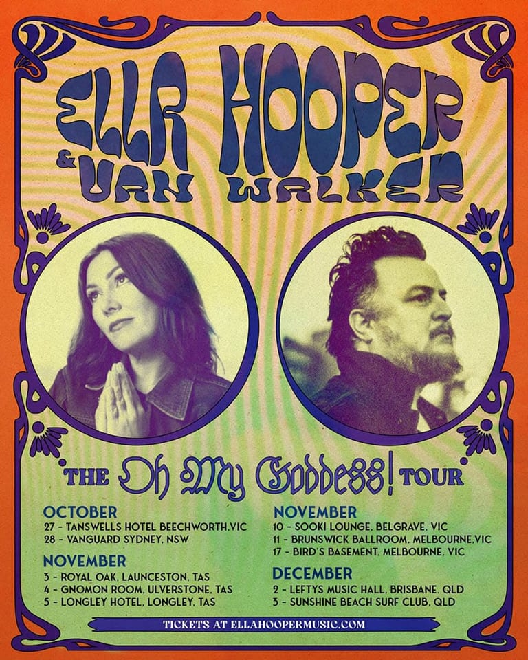 Two musicians' portraits in circular frames on an orange and yellow vintage-style tour poster for Sara Hooper and Walker.