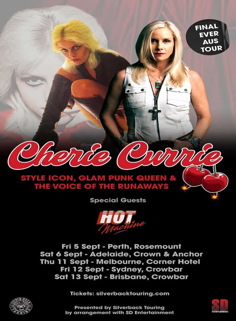 Cherie Currie promotional poster featuring blonde woman in white sleeveless vest alongside glamorous archival image, advertising Final Ever Australian tour dates in September.