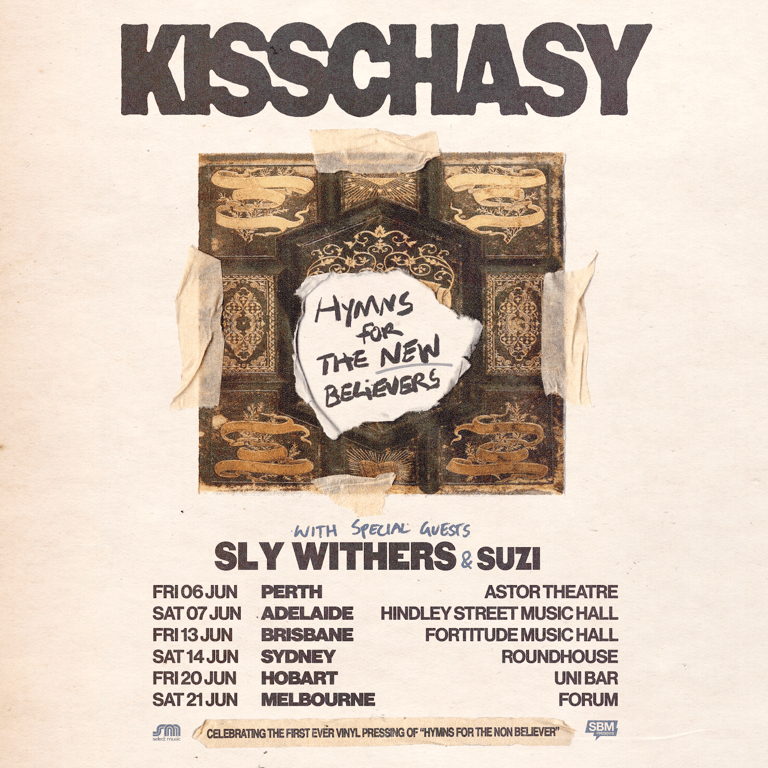 Kisschasy album cover featuring distressed gold and brown tiled pattern with central speech bubble reading "Hymns for the New Believers".