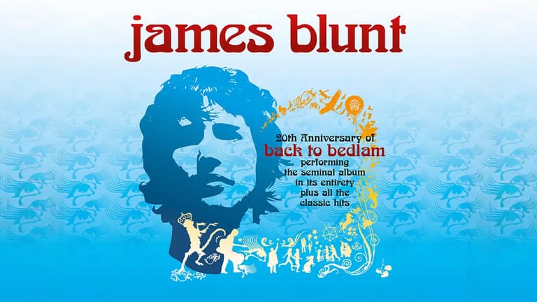 James Blunt promotional artwork featuring blue-toned portrait with album title and tour dates overlaid.