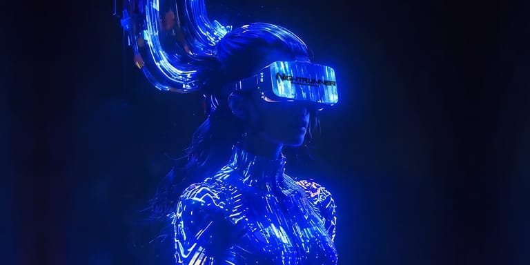 Figure bathed in electric blue light with swirling digital effects surrounding their head and upper body.