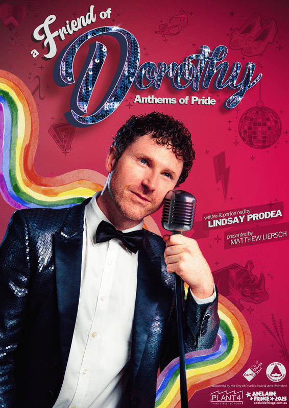 Man in sequined tuxedo holding microphone against vibrant magenta backdrop with neon rainbow stripes and Pride-themed typography.