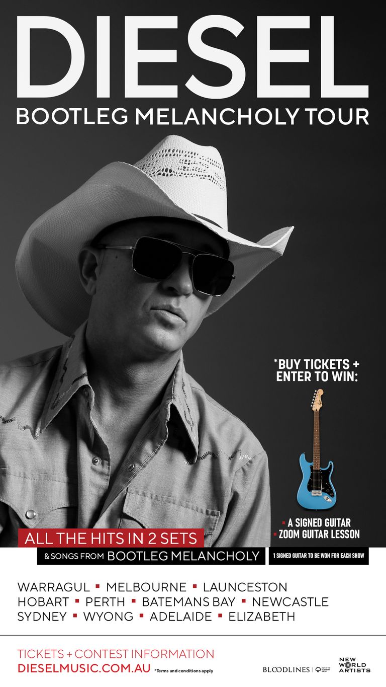 Man wearing cowboy hat and sunglasses in black and white promotional poster for Diesel Bootleg Melancholy Tour.