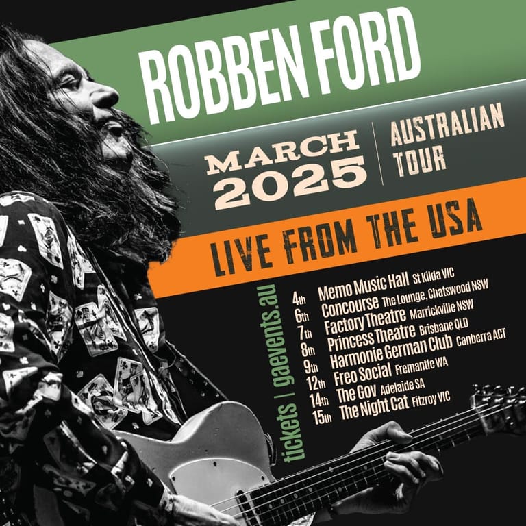 Robben Ford tour poster featuring a bearded musician with guitar and March 2025 Australian tour dates.