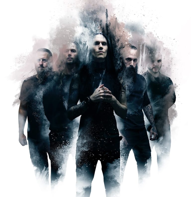 Five band members in dark clothing posed against a moody, smoke-filled artistic backdrop.