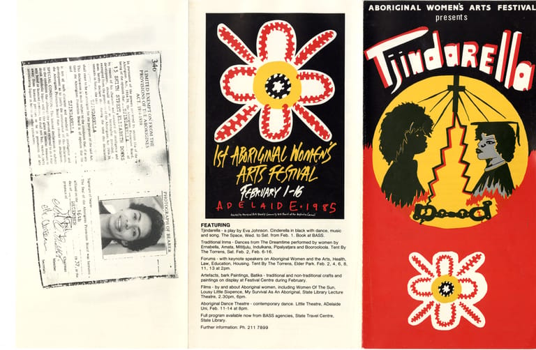 Vintage festival posters and printed programme pages featuring Aboriginal artwork and typography from historical arts events.