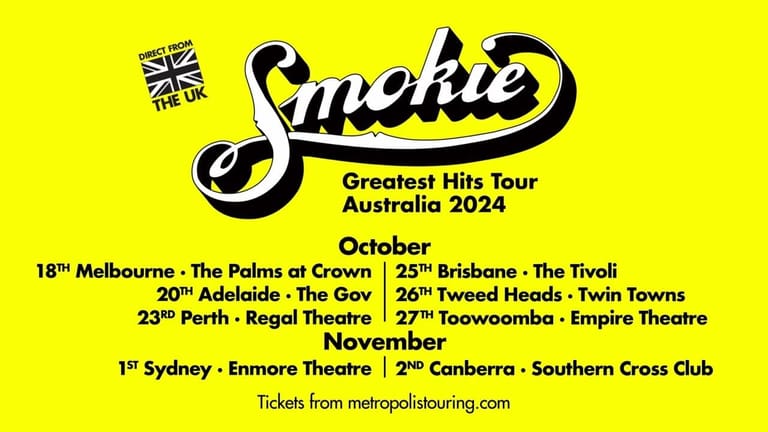 Sookie Greatest Hits Tour promotional poster with bright yellow background listing Australian tour dates for October and November 2024.