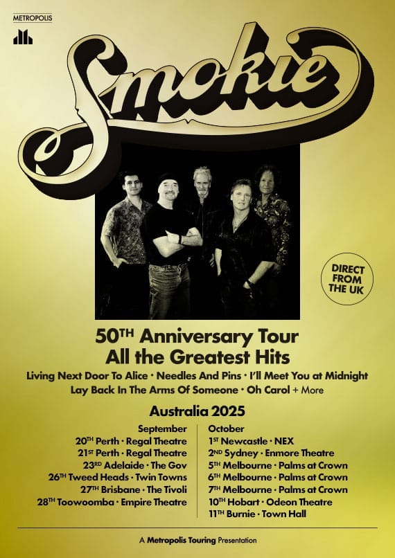 Five musicians in dark clothing stand against a yellow background beneath the Slade logo for their 50th Anniversary Tour of Greatest Hits.