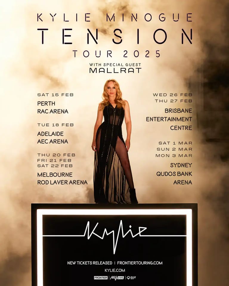 Kylie Minogue stands in a black sleeveless dress against a warm, blurred background for her Tension Tour 2025 promotional poster.