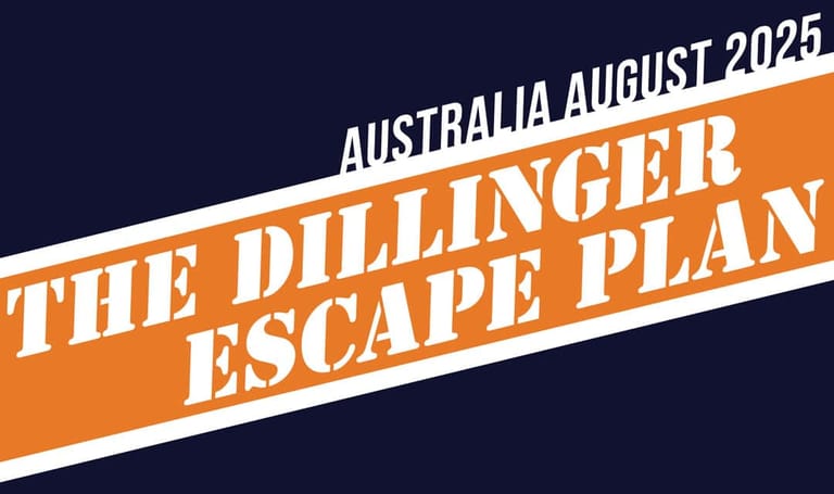 Bold orange and navy graphic promoting The Dillinger Escape Plan's Australia August 2025 tour dates.