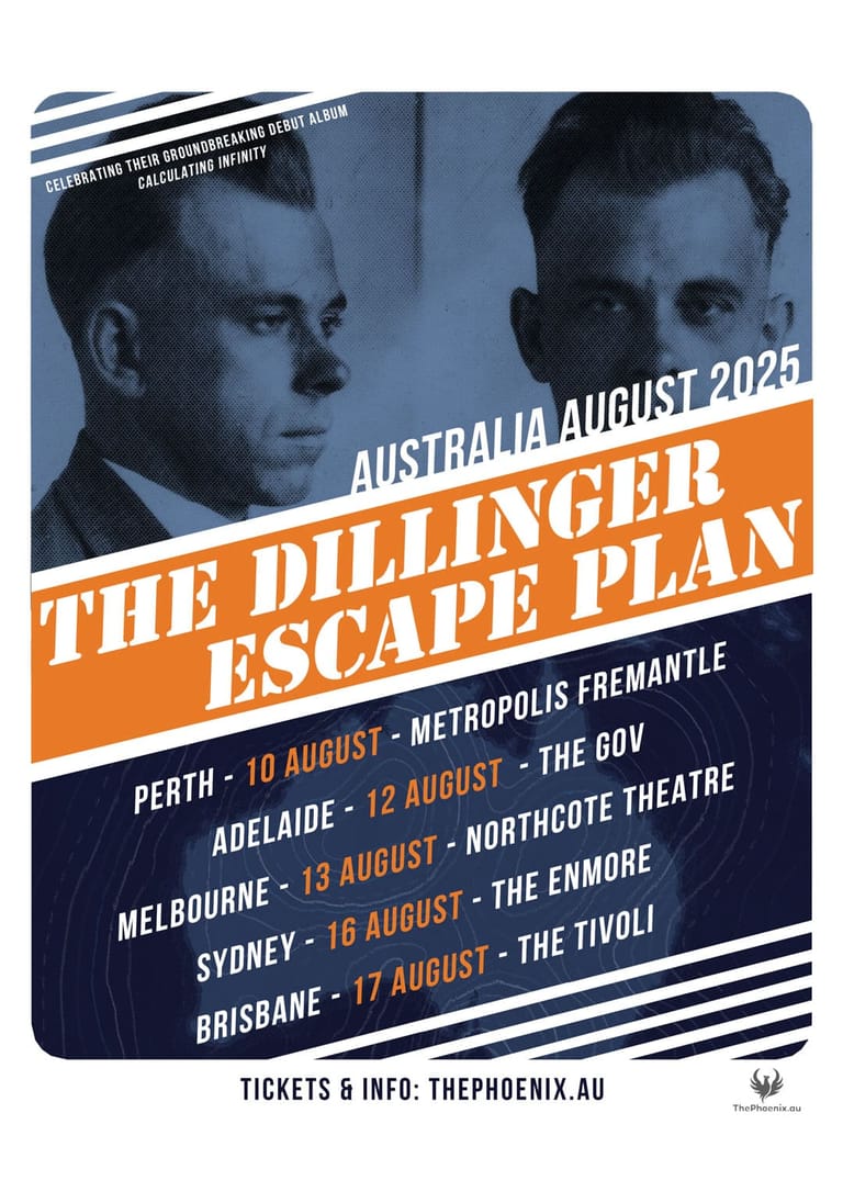 Promotional poster for The Dillinger Escape Plan Australian tour featuring two men's profiles in blue tones and orange text with venue dates.