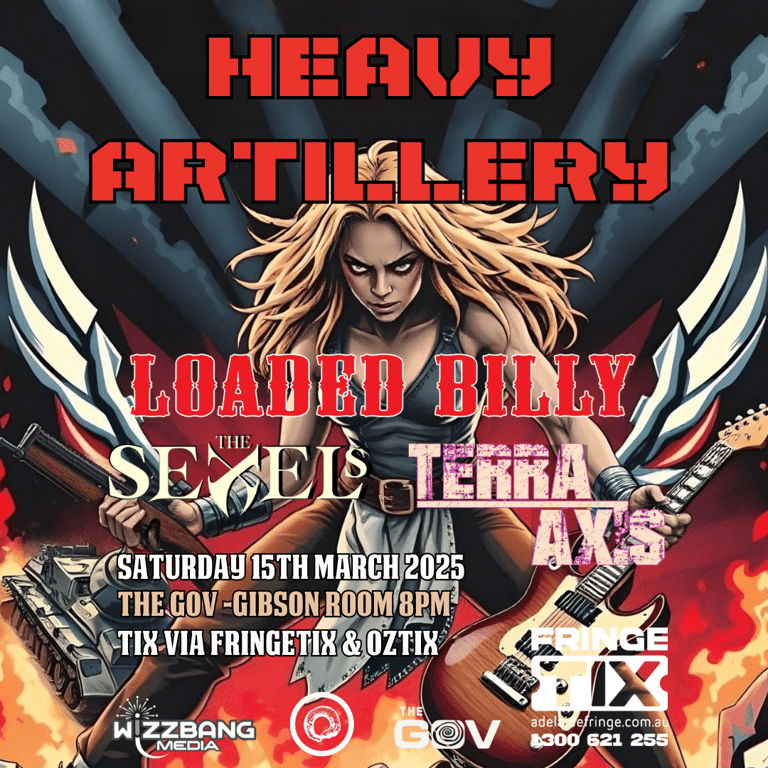 Woman with blonde hair wielding electric guitar amid fiery red and black graphic design for Heavy Artillery concert poster.