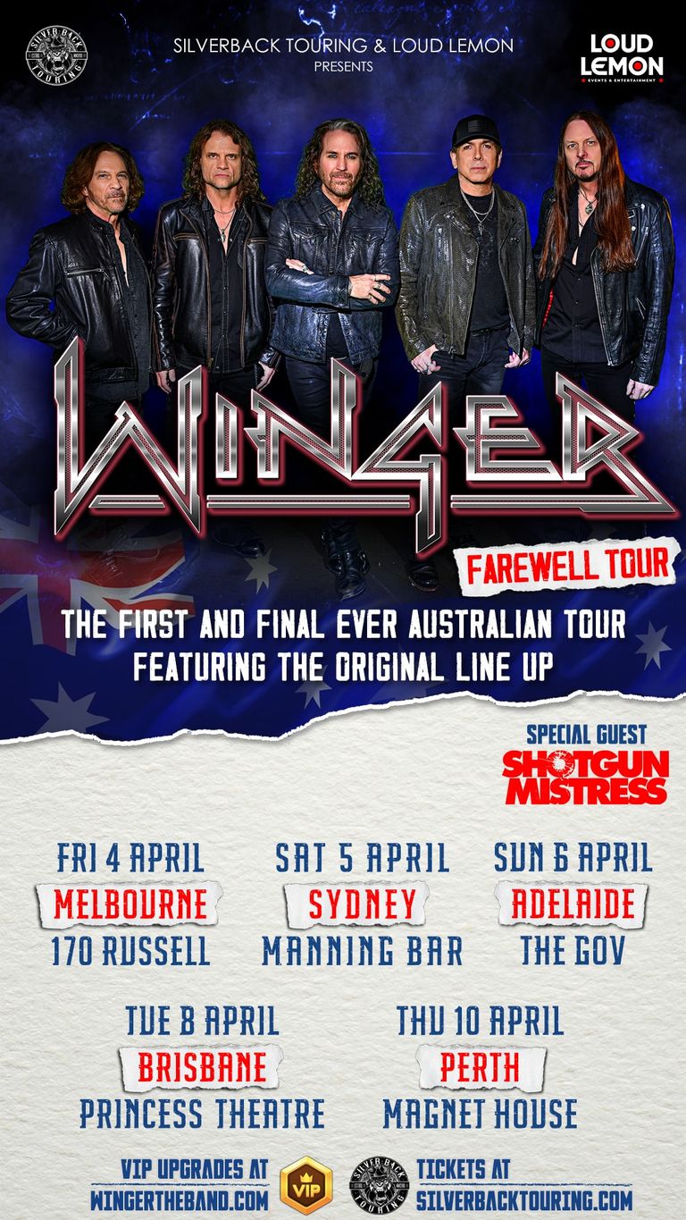 Five band members in black leather jackets stand against a blue backdrop for Winger's farewell Australian tour poster.