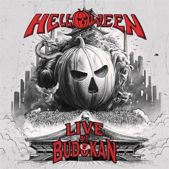 Helloween logo in red above a monochrome illustration of a large skull with headphones and gothic imagery, with "Live Bud's Kan" text below.