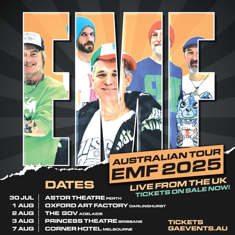 Five band members' portraits fill large letters spelling "EMF" with Australian tour dates and venue details below on dark background.