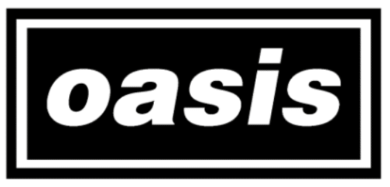 Oasis band logo in white text on black background with rectangular border.