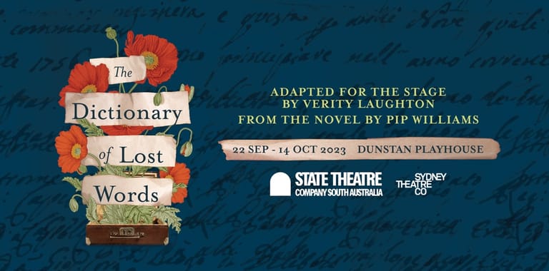 The Dictionary of Lost Words stage adaptation poster featuring an ornate stacked book design with theatre and production credits on a blue background.