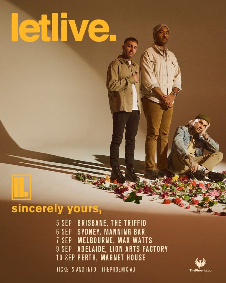 Three band members stand against a tan backdrop with scattered flowers and "letlive." branding for their Australian tour.