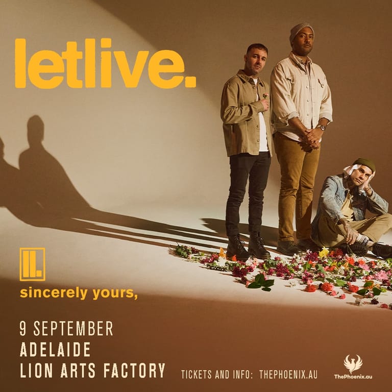Three musicians stand amid scattered flowers against a warm-lit wall with extended shadows, promoting a letlive concert at Lion Arts Factory.