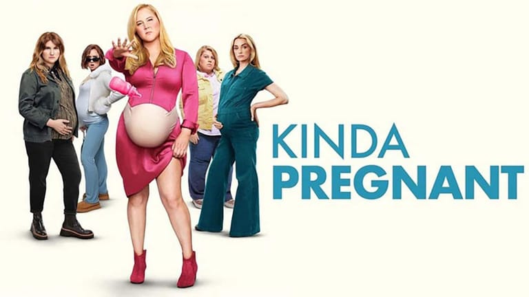 Blonde woman in pink dress cradling pregnant belly, surrounded by four other women in casual clothing against white background.