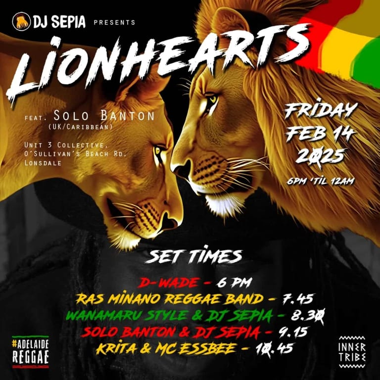Two golden lions face each other against a reggae-themed event poster for Lionhearts featuring Solo Banton.