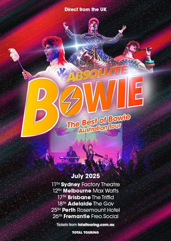Three performers in sequined outfits strike dramatic poses under purple and pink stage lighting during an Absolute Bowie concert production.