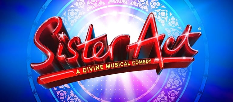 Red neon lettering for "Sister Act: A Divine Musical Comedy" glows against a blue and purple lit backdrop.