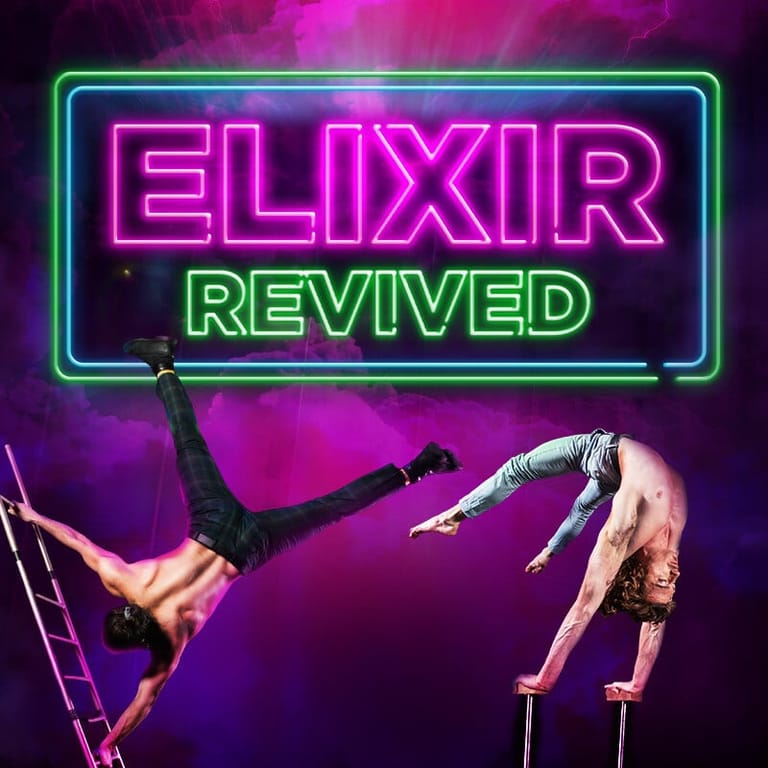 Two acrobats perform dynamic aerial moves beneath a neon "Elixir Revived" sign against a vibrant purple backdrop.