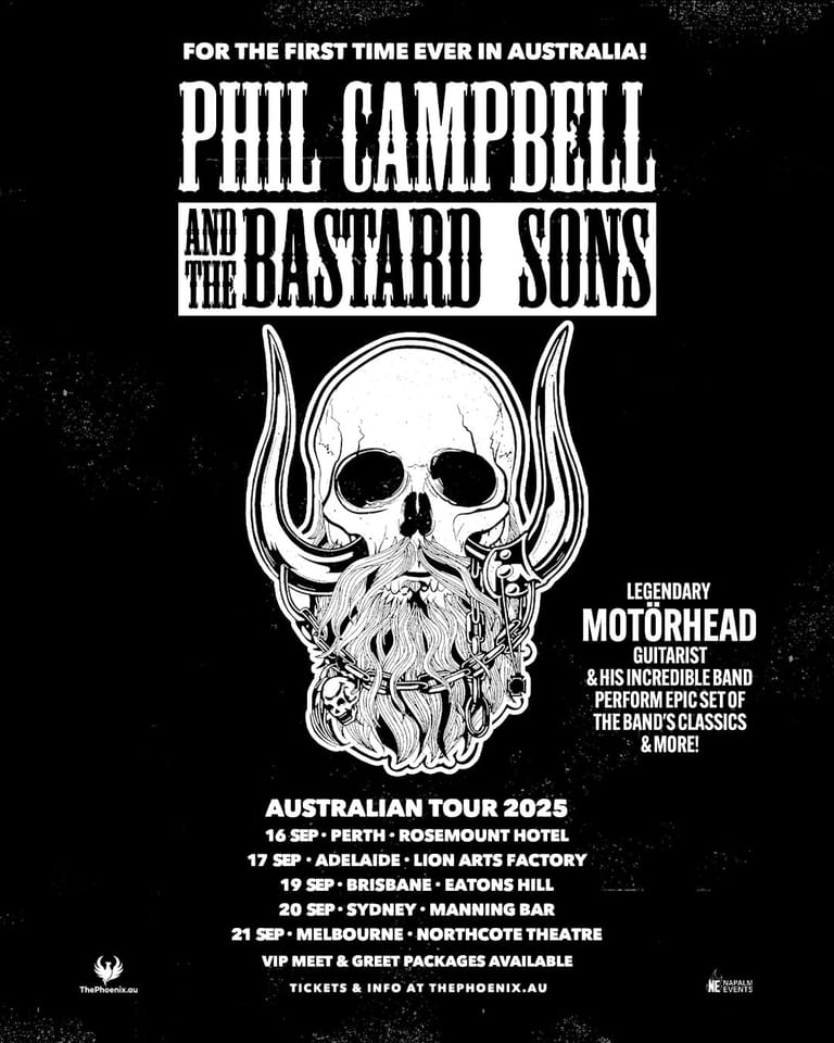 Promotional poster for Phil Campbell and the Bastard Sons Australian tour 2025, featuring a skull with horns and beard illustration.