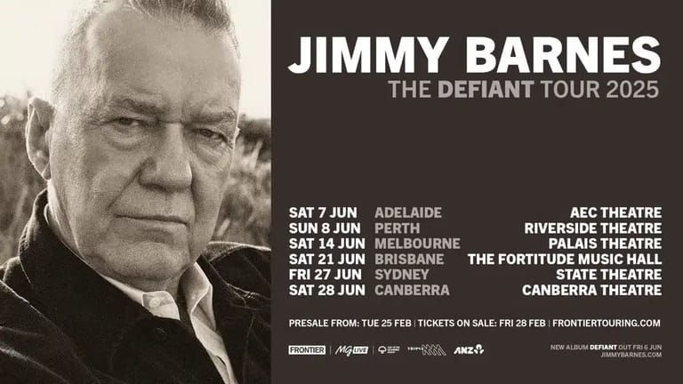 Jimmy Barnes in glasses and dark jacket photographed in black and white for The Defiant Tour 2025 Australian dates.