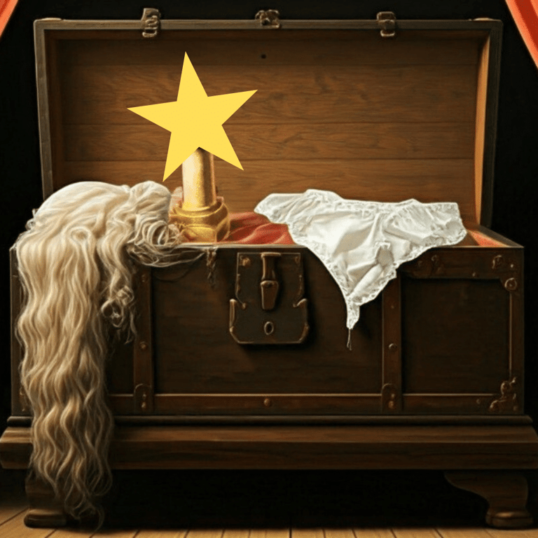 Vintage suitcase filled with a golden star trophy, white feather boa, and draped fabric against warm backdrop.