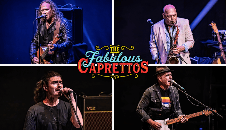 Four musicians perform during The Fabulous Saprettos stage show, featuring guitarists, saxophonist and vocalist under blue stage lighting.