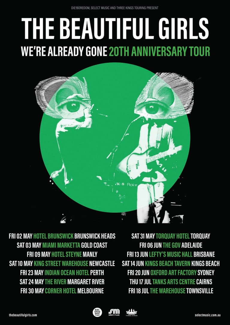 Two musicians with guitars set against a bright green circular background on The Beautiful Girls' 20th anniversary tour poster.