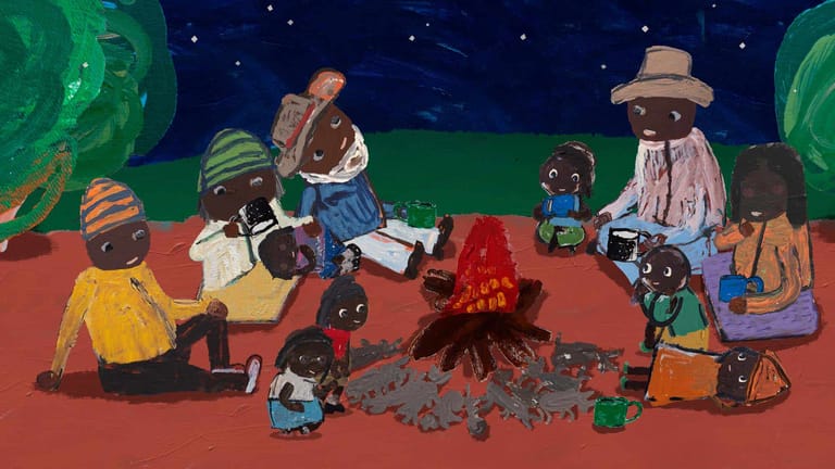 Animated characters of various sizes gather around a campfire under a starry night sky in a desert setting.