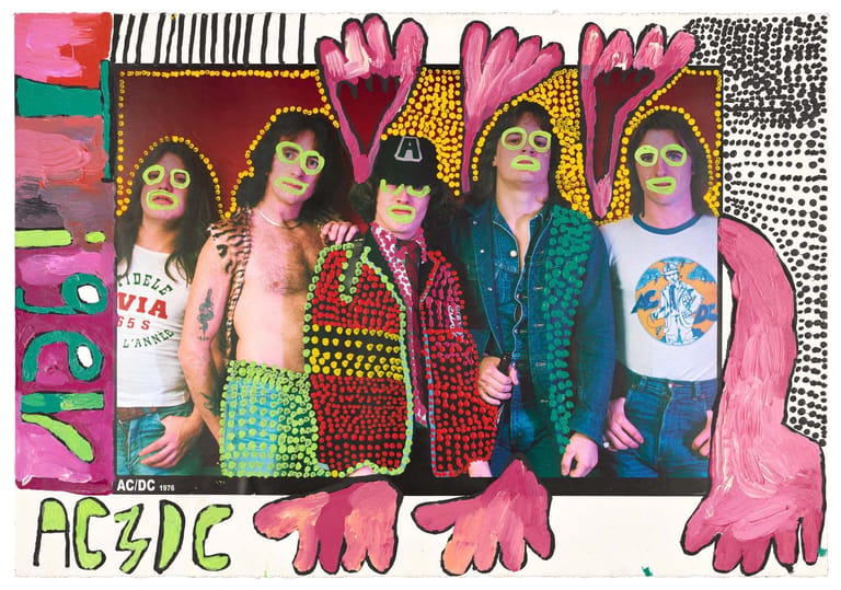 AC/DC band members illustrated in colourful pop art style with bold pink, yellow and red patterned background.