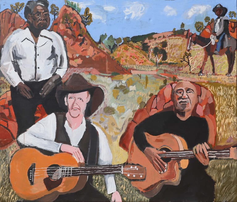 Illustration of three musicians with acoustic guitars in an outback landscape with red rock formations and figures on horseback.