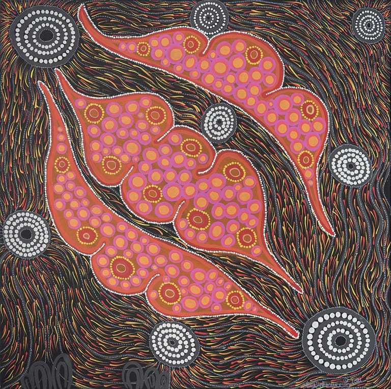 Four pink seed pods with purple and orange dotted patterns float against a dark hatched background with white circular motifs.