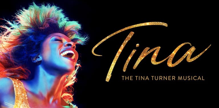 Performer with voluminous blonde hair in vibrant blue and orange stage lighting, next to "Tina: The Tina Turner Musical" title text.
