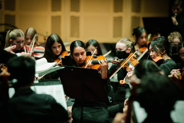 Orchestra musicians in formal attire performing together under warm stage lighting in a concert hall.