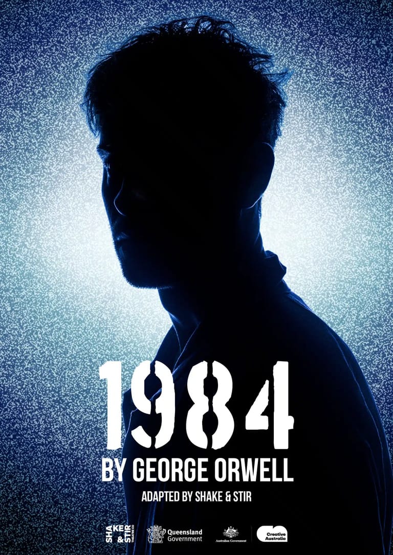 Dark silhouette of a man's profile against blue-lit background with "1984 by George Orwell" text overlay.