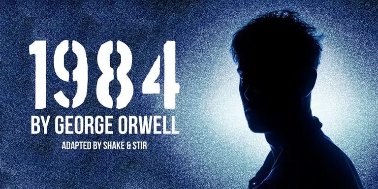 Silhouetted figure in profile against blue-lit background with "1984 by George Orwell" text overlay.