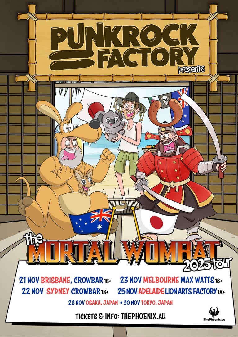 Punkrock Factory storefront illustration featuring colourful cartoon characters and tour dates for The Mortal Wombat across Australian and Japanese cities.