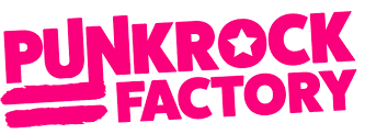 Bright pink PunkRock Factory logo featuring stylized text with a star symbol on a white background.