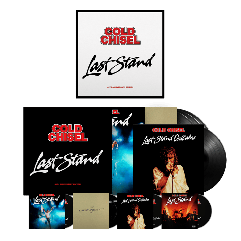 Cold Chisel "Last Stand" album reissue box set displaying vinyl records, CDs, and booklets.